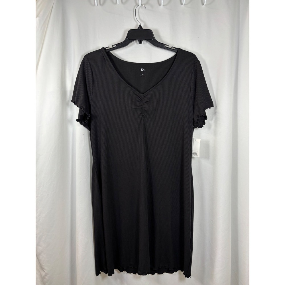 So Womens Plus Size 2X Black Ribbed V-Neck Lettuce Edge Short Sleeve Dress NWT